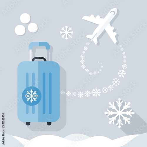 Traveling During Winter Holiday Season with Luggage and Snowflakes with Airplane