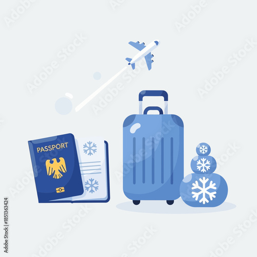Travel Preparation with Passport and Luggage for Airplane Journey Featuring Snowflakes