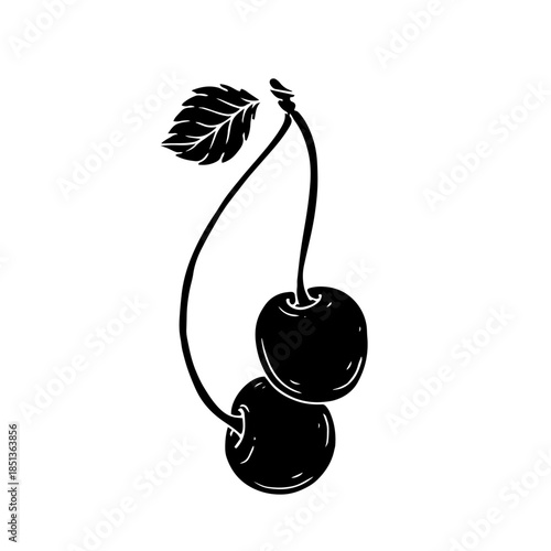 Simple silhouette, stamp of a summer cherry with leaves. Vector graphics.