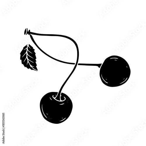 Simple silhouette, stamp of a summer cherry with leaves. Vector graphics.