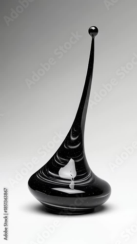 Elegant Black Glass Sculpture with a Smooth, Curving Form and a Delicate Sphere on Top.