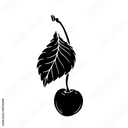 Simple silhouette, stamp of a summer cherry with leaves. Vector graphics.