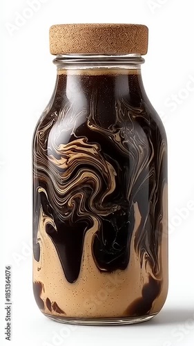 Cold Brew Coffee with Cream Swirl in Glass Bottle on White Background.