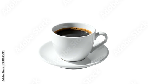 White ceramic cup filled with dark, steaming liquid on a matching saucer, against black