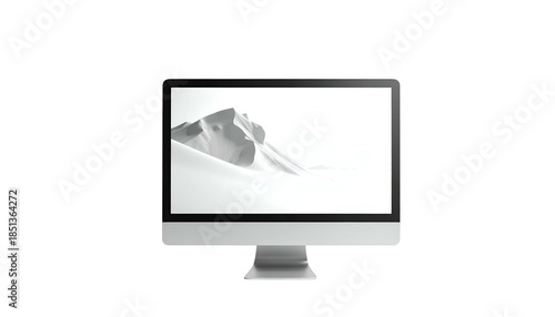 Sleek desktop computer with a bright monochrome desert landscape on its screen