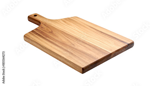 Angled, rectangular wooden cutting board with a handle, on a black background