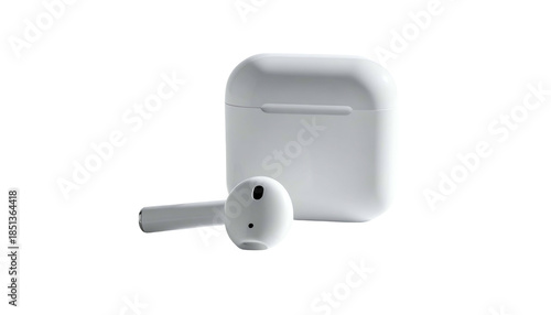 White wireless earbuds and charging case on a black backdrop, illuminated