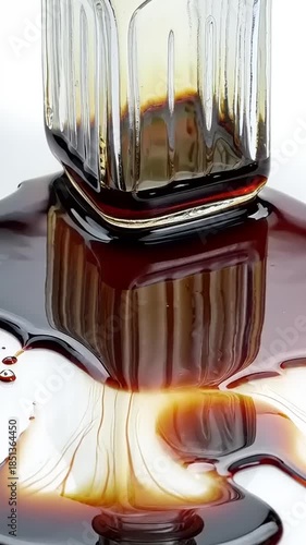 Dark Liquid Spilling from a Glass Bottle onto a White Surface.