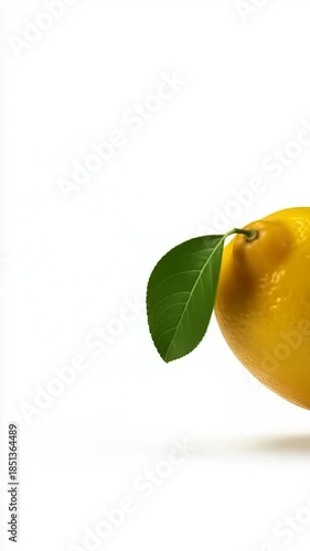 A Fresh Lemon with a Leaf on a White Background.
