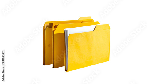Stack of yellow file folders with documents visible, isolated on a black background