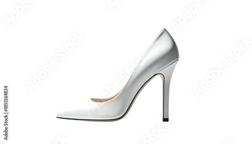 Side profile of a shiny white pump on a black background