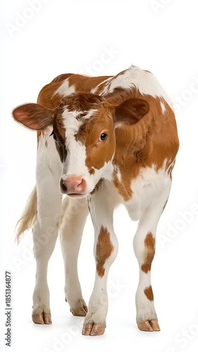 Adorable Brown and White Calf Standing on White Background.