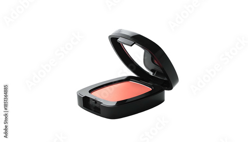 A compact of makeup blush in an opened black case against a black background