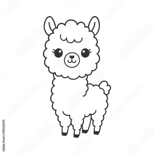 A cute cartoon alpaca character with sweet wool and a happy face stands as a funny farm animal illustration in this clean vector art design