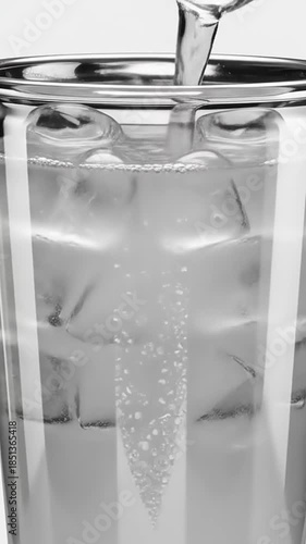 Clear liquid being poured into a glass with ice cubes.