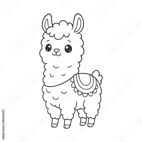 Cute cartoon alpaca with fluffy wool on a farm illustration