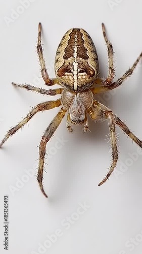 Detailed top down view of a European garden spider on a white background.