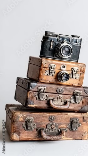 Vintage Travel Concept - Stack of Old Suitcases with Classic Camera on Top, Ready for an Adventure.