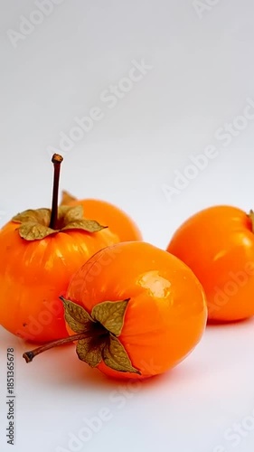 Vibrant Orange Persimmons with Stems and Leaves on a White Background, Close-Up View.