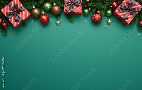 Christmas festive decorations with holiday gifts ornaments on green background pine branches stars sparkle