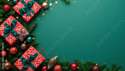 Christmas holiday green background festive scene with gifts ornaments pine branches stars sparkle