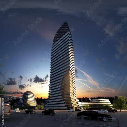 High-quality 3D render of modern building exteriors at night, cinematic lighting, realistic reflections, detailed architecture, moody atmosphere.