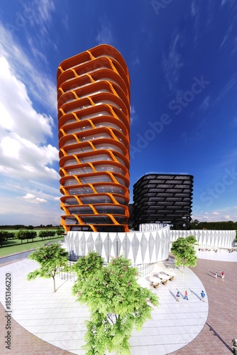 High-quality 3D render of modern building exteriors at night, cinematic lighting, realistic reflections, detailed architecture, moody atmosphere.