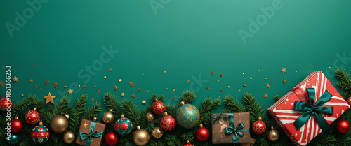 Christmas green background with festive holiday ornaments gifts pine branches stars sparkle