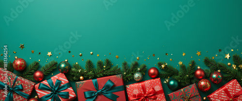 Christmas holiday decorations with festive presents ornaments on green background pine branches stars sparkle