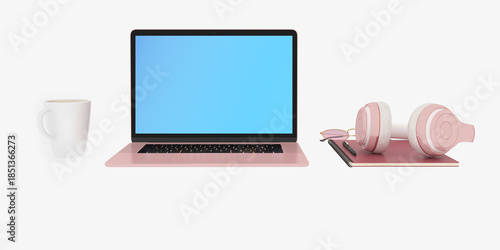 3d render of pink color laptop computer, cup of coffee on white background