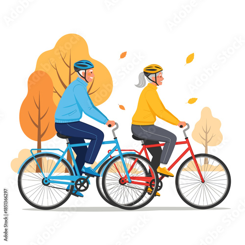 Elderly couple enjoying a leisurely bicycle ride outdoors in an autumn park, wearing helmets for safety and recreation.