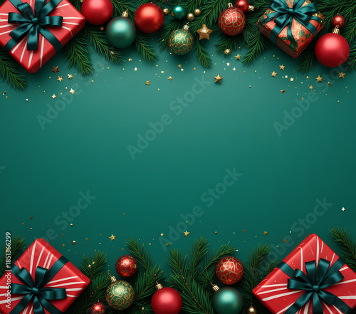 Christmas festive green background holiday gifts ornaments pine branches stars sparkle