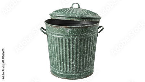 Schilderij op canvas Green speckled metal trash can with lid isolated PNG, vintage garbage container