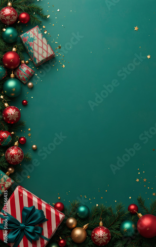Christmas holiday decorations with festive gifts ornaments on green background pine branches stars sparkle