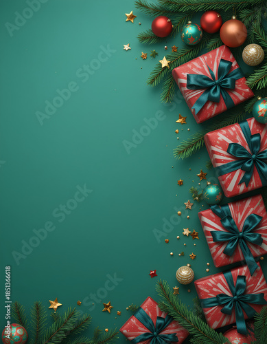 Christmas green background festive holiday decorations with presents ornaments pine branches and stars sparkle
