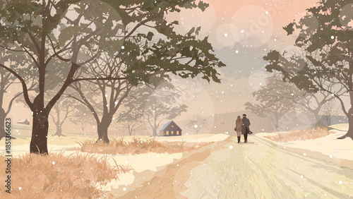 Countryside landscape in autumn season with couple of lover walking together on the track