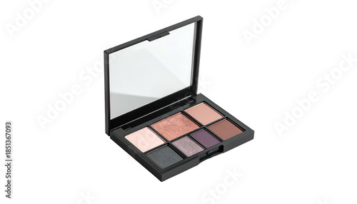 Open eyeshadow palette with mirror, six colors, in a black compact, isolated on black