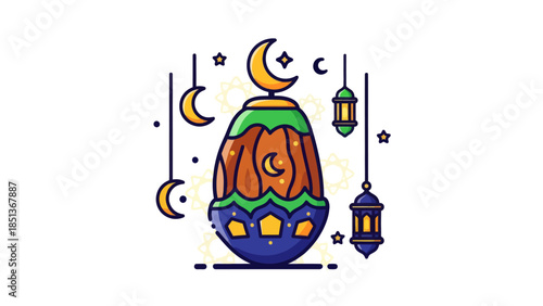 Colorful Islamic Lanterns and Moon Phases with Hanging Decorations for Ramadan