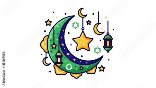 Whimsical Night Sky with Crescent Moon, Stars, and Lanterns for Serenity