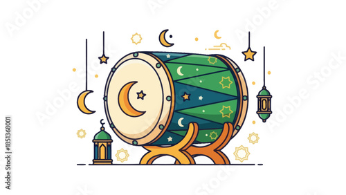 Whimsical celestial-themed drum surrounded by hanging lanterns and stars