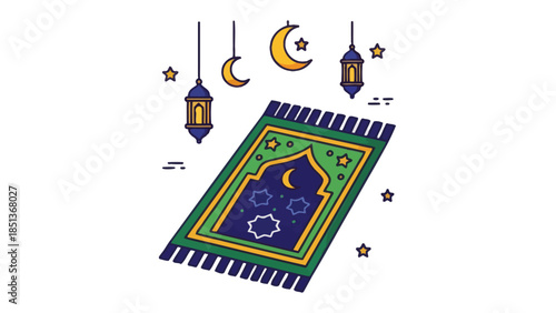 Elegant Islamic-themed decorative prayer rug with moon and star motifs for