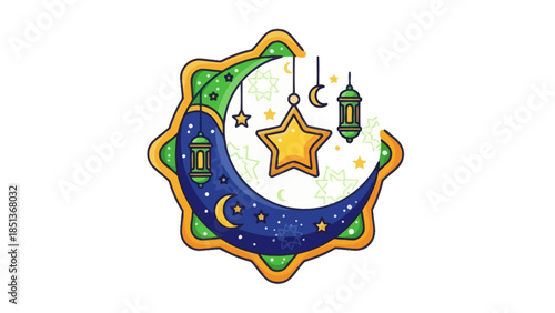 Whimsical night sky themed crescent moon with hanging star and lanterns for