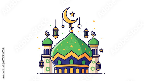 Illustration of a Mosque with Crescent Moons and Hanging Lanterns Celebrating