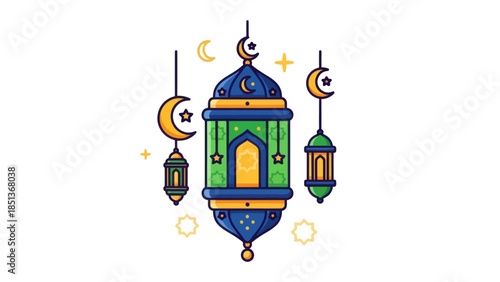 Elegant Islamic Lantern with Crescent Moon and Stars in Vibrant Colors