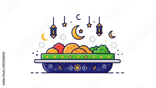 Colorful traditional Syrian breakfast served with decorating lanterns and