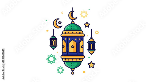 Elegant Islamic Lantern with Celestial Elements and Hanging Lights for Ramadan