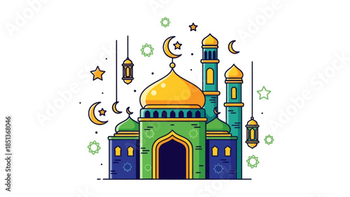 Colorful Islamic Mosque Illustration with Crescent Moons and Lanterns for