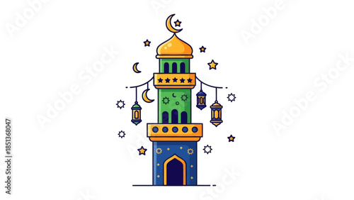 Colorful Islamic Minaret with Crescent Moon and Lantern Decor