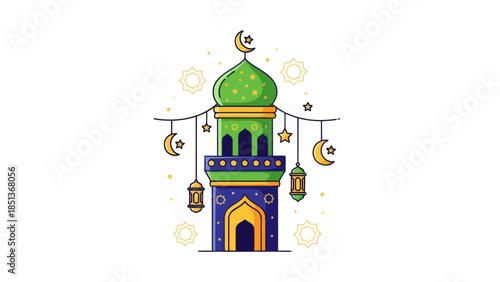 Festive Islamic architecture illuminated with hanging lanterns and celestial