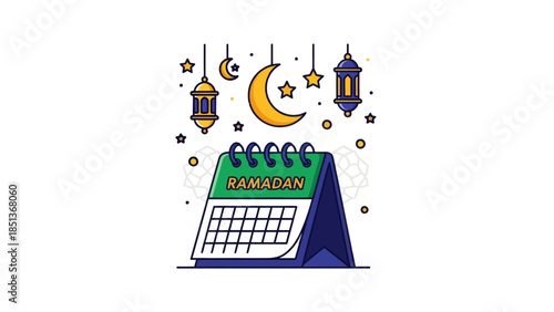 Ramadan Themed Calendar with Crescent Moon Lanterns and Stars for Spiritual